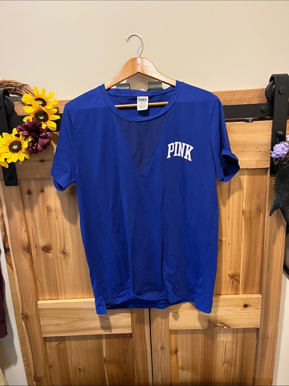 PINK Victoria's Secret Cobalt Blue Short-Sleeve Tee with Mesh V Insert
